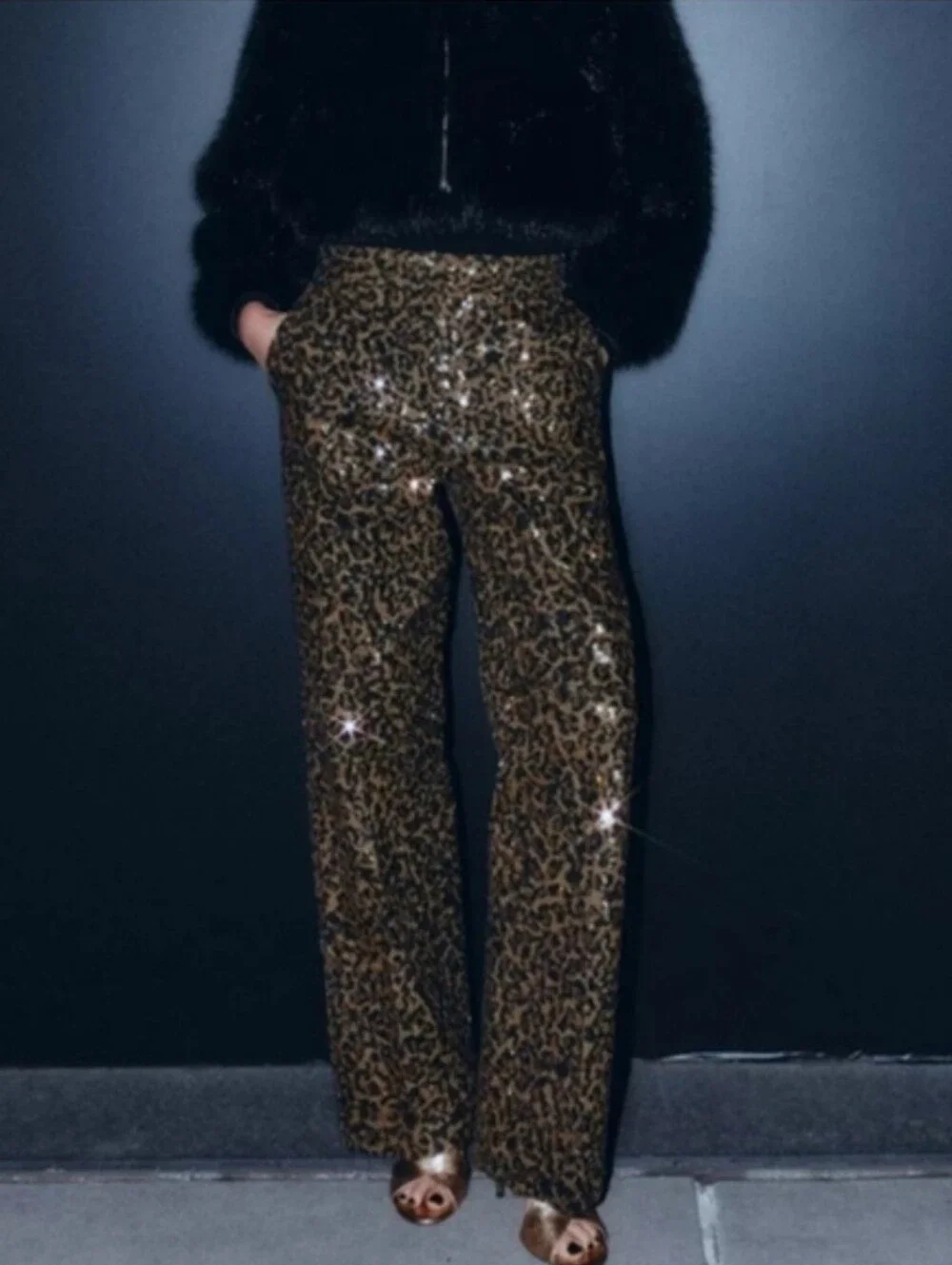 ZARA ANIMAL PRINT SEQUIN STRAIGHT LEG PANTS SIZE M
